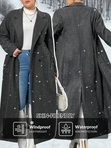 Truni معطف صوفي طويل مريح بياقة مطوية وأكمام طويلة للنساء ذوات الحجم الكبير في فصلي الخريف والشتاء - رمادي - مشاهدة 1