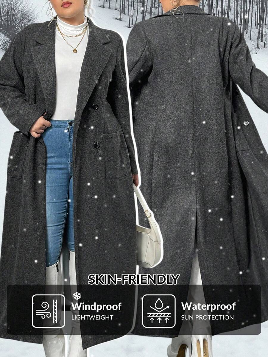 Truni معطف صوفي طويل مريح بياقة مطوية وأكمام طويلة للنساء ذوات الحجم الكبير في فصلي الخريف والشتاء - رمادي - مشاهدة 1