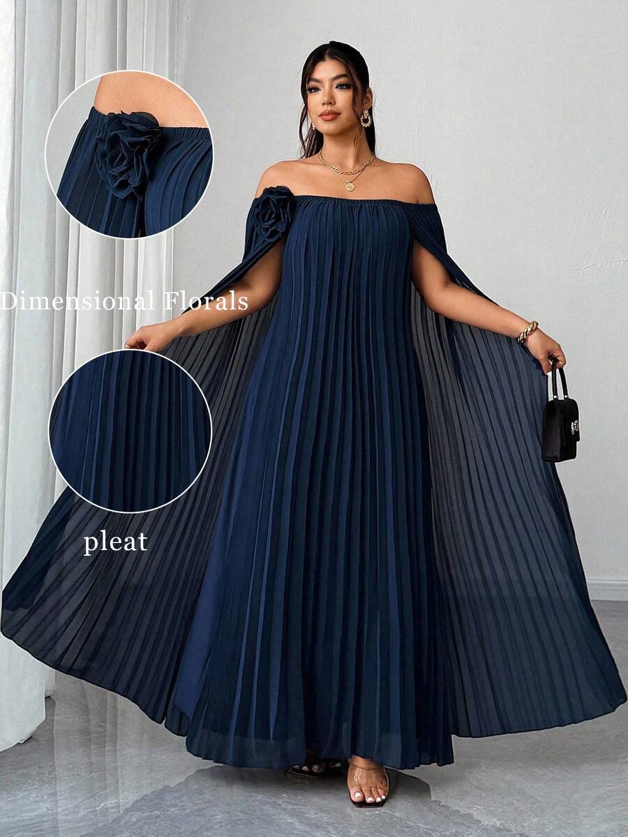 Elenzga Robe élégante à manches cape épaules dénudées avec plissé floral 3D pour femmes grande taille - Bleu marine - Voir 1
