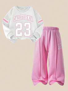 SHEIN Explorewe 2 件套女童休闲抓绒加州 23 图案长袖运动衫和裤子套装，秋冬 - 彩色 - 查看 6