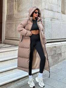 SHEIN Cottnline Plus Size Kontrastfärgad Dragkedja Och Dragkedja Detaljerad, Värmande Funktion Lång Linje Puffer Vinterkappa - Mockabrun - Visa 4