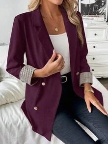 Franclia Blazer casual con puños a cuadros franceses y ajuste ligero para mujer, adecuado para ir al trabajo y el verano - Rojo violeta - Ver 5