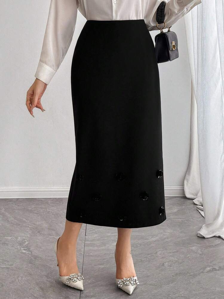 Women Elegant Sequin 3D Floral Decor Casual Business Office Commute Black Pencil Skirt, Suitable For Wedding, Party, Banquet, Autumn/Winter
