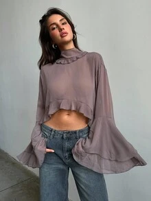 Aloruh 女士秋冬波西米亚风荷叶边高领、荷叶边袖口、前短后长系带透视罩衫 - 棕色 - 查看 1