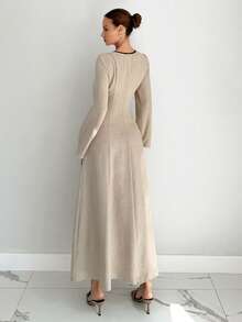 Siren Gaze 秋冬新款女士束腰拼色A字长袖连衣裙 - 杏色 - 查看 2