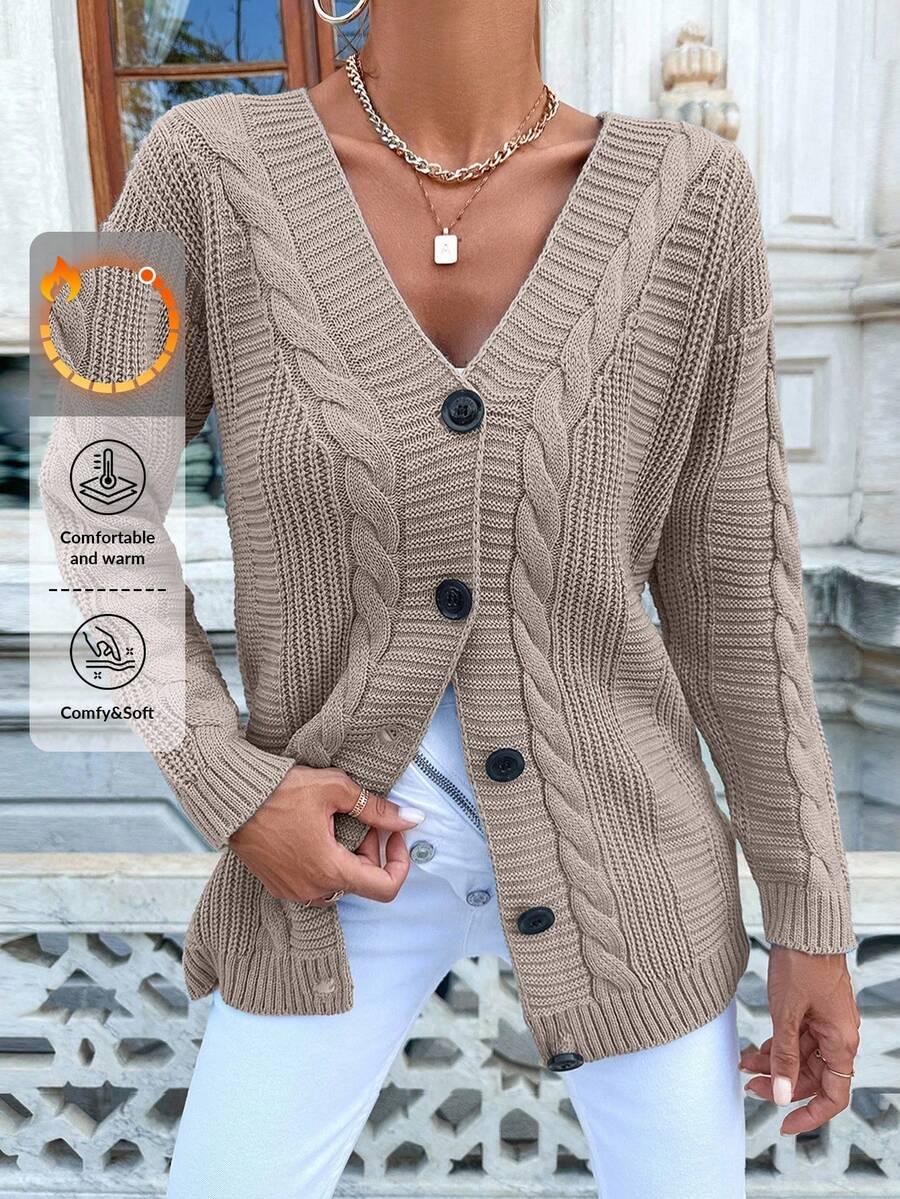 EURMUSE 女士休闲纯色开衫，春/秋 - 駝色 - 查看 1