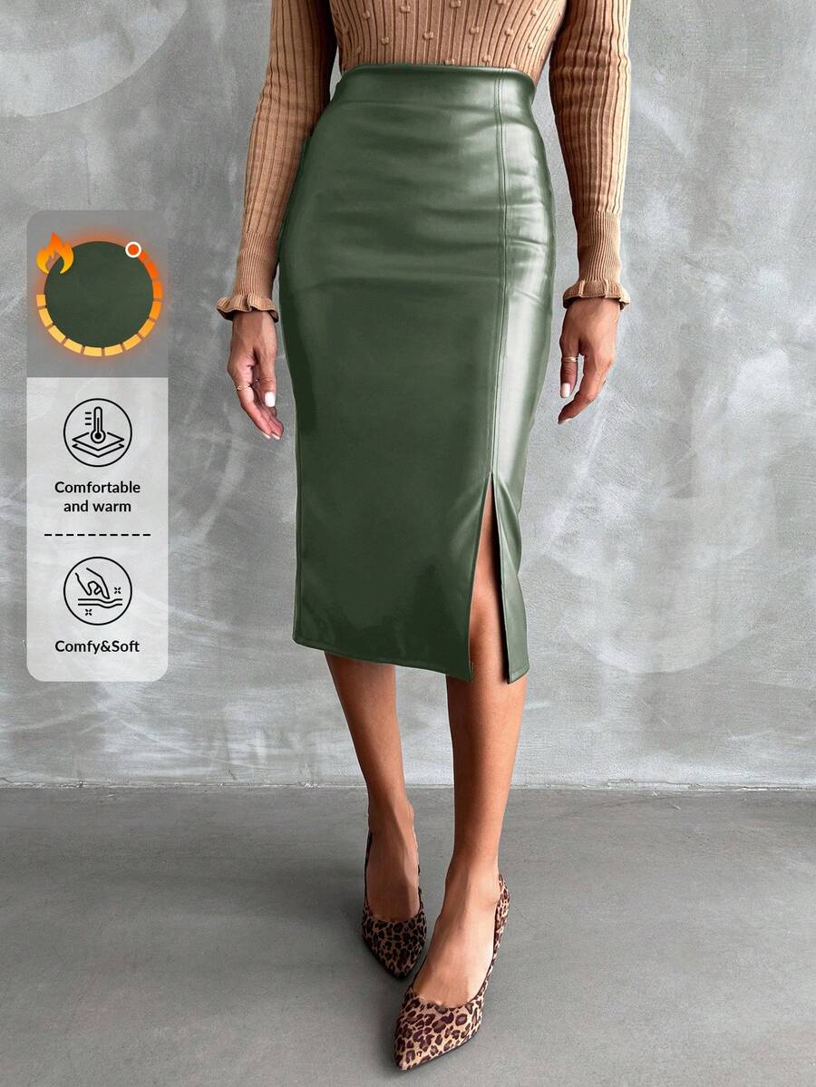 EURMUSE Women Casual Slit Hem A-Line Skirt, Suitable For Autumn - Olive Green - View 1