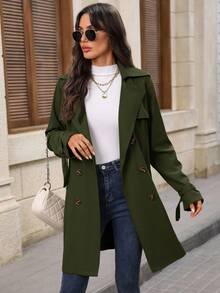 EMERY ROSE Women's Solid Color Lapel NeckLong Sleeve Double-Breasted Casual Commuter Trench Coat, Autumn - Army Green - View 4