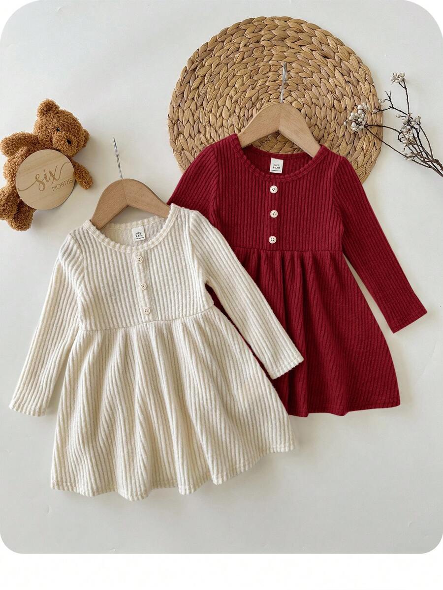 SHEIN 2 件女婴可爱纯色针织长袖休闲连衣裙，秋冬 - 彩色 - 查看 1
