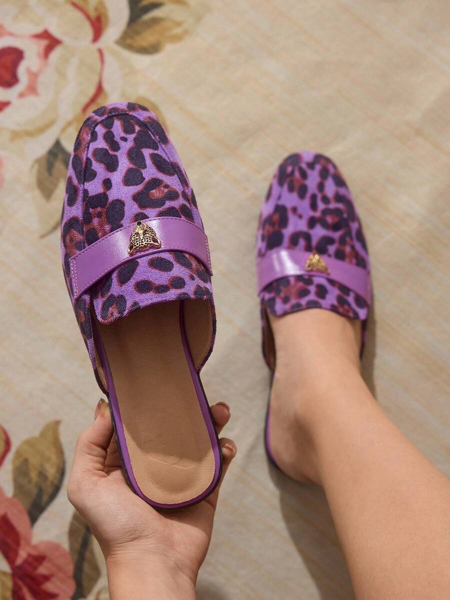 CUCCOO TILAWA Dép xỏ ngón đế vuông họa tiết da báo màu tím thanh lịch dành cho nữ có khóa kim loại hình đầu hổ (Mẫu giày giao ngẫu nhiên), phù hợp cho mùa xuân và mùa thu - Nhiều màu - Xem 1