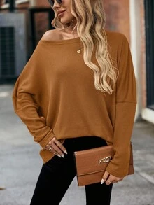 EMERY ROSE 女式宽松华夫格针织露肩蝙蝠袖T恤，绿色，秋季 - 黃色 - 查看 4