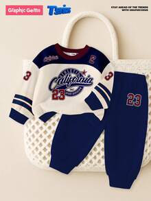 1 Set Baby Boys Casual Sports Style Numeric 23 & California Letter Print Crew Neck Sweatshirt And Sweatpants Set, Autumn/Winter Fall - Multicolor - View 1