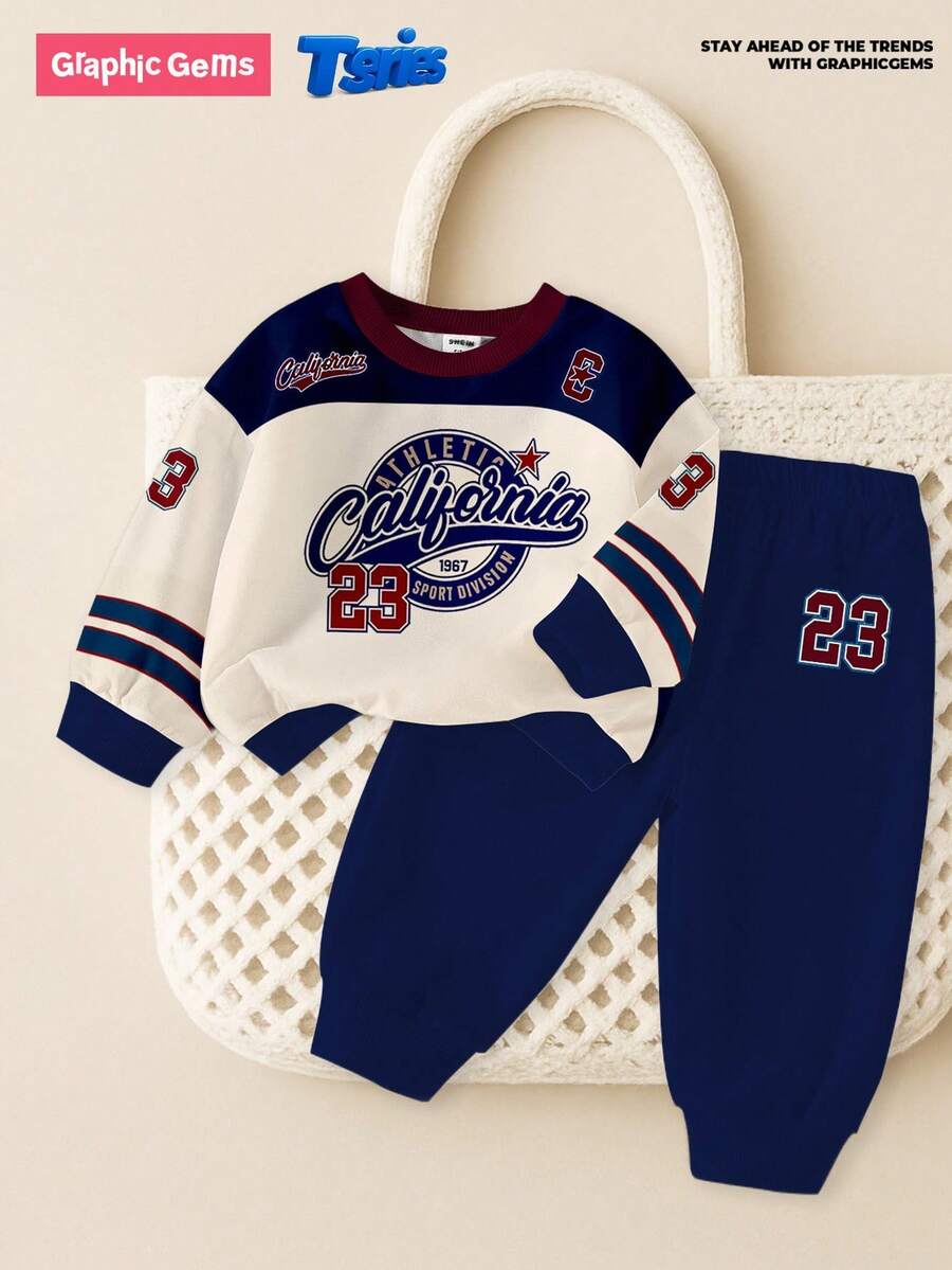 1 Set Baby Boys Casual Sports Style Numeric 23 & California Letter Print Crew Neck Sweatshirt And Sweatpants Set, Autumn/Winter Fall - Multicolor - View 1