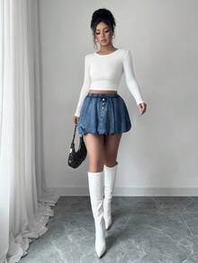 Siren Gaze Váy denim hoa mini màu xanh gợi cảm cho nữ, phong cách đường phố - Rửa trung bình - Xem 3