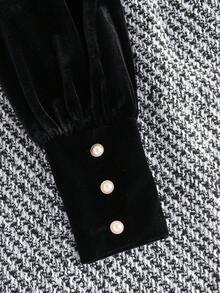 Franclia 女式天鹅绒翻领拼布粗花呢纽扣装饰迷你连衣裙 - 黑色 - 查看 7