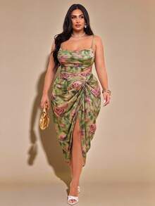 SHEIN BAE Plus Size Women's Green Floral Draped Neck Split Sexy Elegant Midi Dress, Suitable For Party And Everyday Wear, Autumn/Winter/Halloween Plus Size/Fall Clothes Plus Size/Plus Size Women Clothes/Party Dresses For Women/Fall Wedding Guest Dress/Dresses For Women Elegant/Formal Dress Plus Size/Birthday Dresses For Women/Homecoming Dress/Club Outfits Women Sexy/Cozy Fall & Winter Styles/Green  Dress - Green - View 2