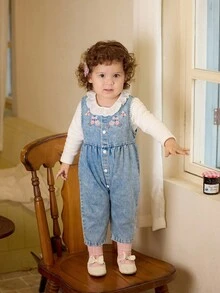 Vintaside Kids Cute Baby Girl Ruffled Hem Long Sleeve Top & Sleeveless Floral Embroidered Washed Denim Jumpsuit,Blue And White Autumn Matching Family Camping Outfit - Multicolor - View 3