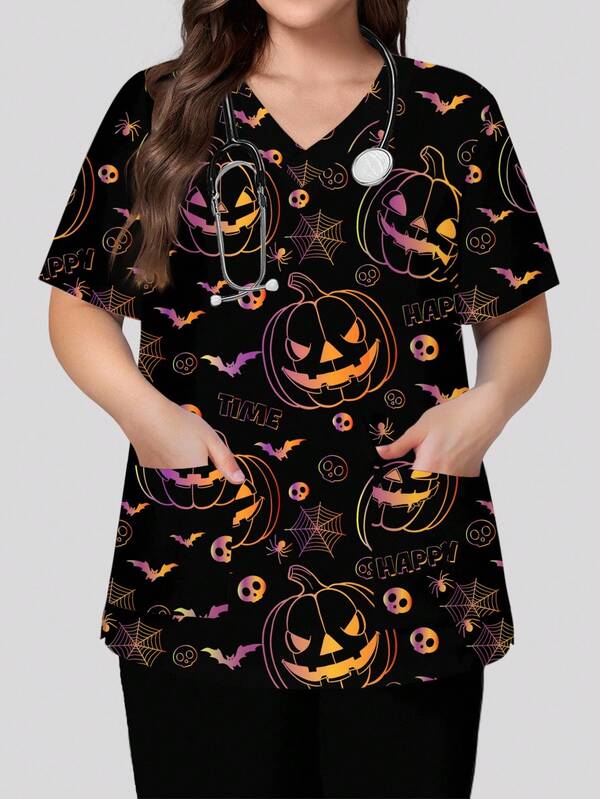 PopScrub Plus Size Halloween V-Neck Short Sleeve Double Pocket Cute Halloween Pumpkin, Ghost, Nurse/Doctor Uniform Top/Plus Size Health Check Surgery Uniform/Plus Size Solid Color Pet Grooming Uniform Top/Plus Size Nutritionist Scrubs Short Sleeve/Multi-Pocket Functional Lab Coat, Functional Holiday Workwear For Women