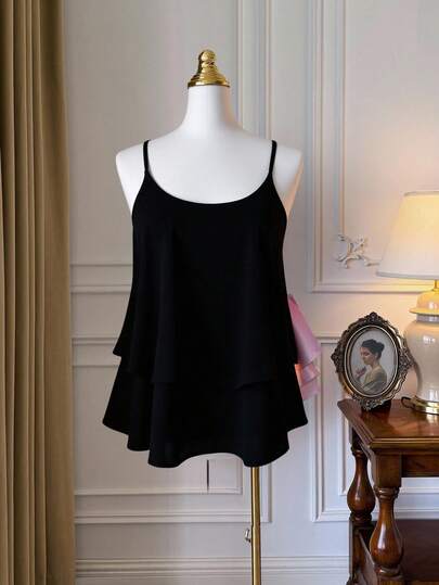 Celure Plus Size Solid Color Chiffon Double Layer Criss Cross Back Thin Strap Top, For Going Out