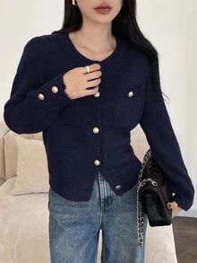 DAZY Áo khoác cardigan tay dài đơn hàng khuy đơn màu trơn cho nữ, mùa thu - Màu xanh hải quân - Xem 4