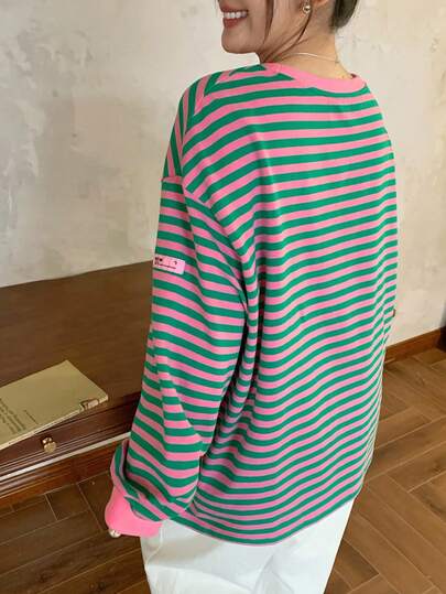 Dazy Plus Contrast Color Block Striped Loose Casual Long Sleeve T-Shirt For Plus Size Women, Spring/Autumn