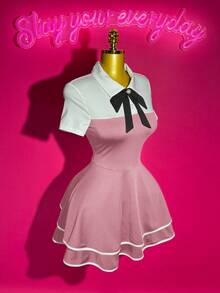 Slaydiva 2025 New Style Early Autumn And Summer Casual Street Hottie Style Sweet Girl Style Elegant Daily Date Birthday Party POLO Collar Bow Tie White Splicing Black 2 In 1 Design Multi-Layer Cake Skirt Ruffle Hem A-Style Skirt Mini Skirt Knitted Ladies Mini Dress-A