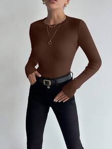 EURMUSE Áo len dài tay cổ tròn dáng ôm đơn giản màu trơn dành cho nữ, mặc hàng ngày - màu nâu - Xem 5