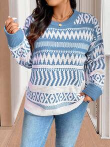 EURMUSE Plus Size Casual Christmas Geometric Pattern Plus Size Pullover Sweater For New Year Clothes - Baby Blue - View 3