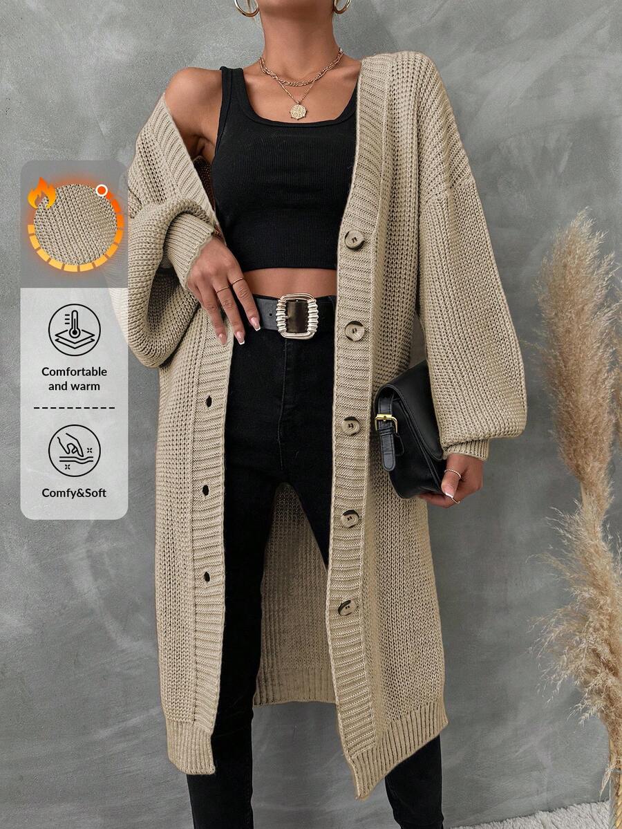EURMUSE Women's Solid Color Drop Shoulder Casual Long Cardigan, Fall/Winter - Camel - View 1