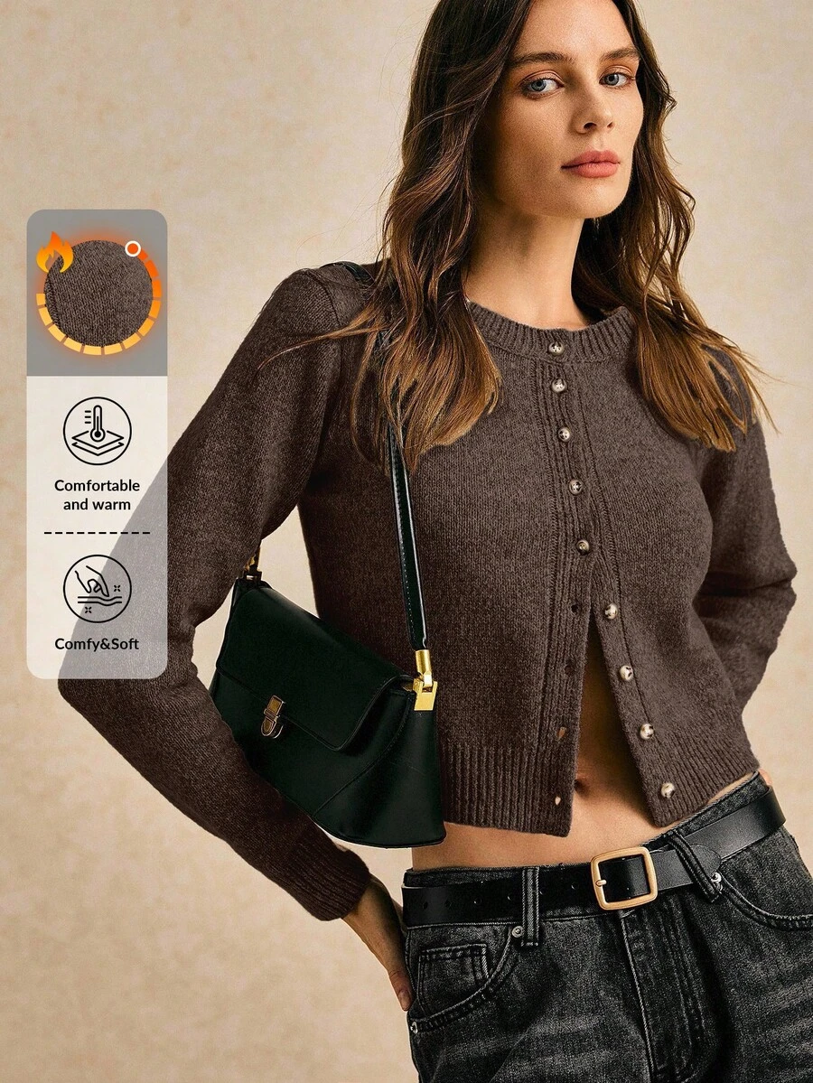 Poéselle Autumn And Winter Women's Khaki Round Neck Long Sleeve Single-Breasted Casual Short Wool Knit Thick Cardigan, Short Jumper, Cute Jumper, Fall Women Clothes, Going Out Tops, Business Casual Woman, Fall Sweaters, Office Attire, Basic Sweaters