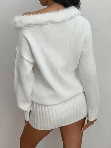 SHEIN EZwear Asymmetric Collar Faux Fur Patchwork Long Sleeve Sweater Dress For Women, Autumn/Winter,New Year Women's Clothes ,Christmas Women's Clothing - Grey - View 2