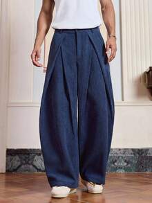 SWAVVY Men's Solid Color Pleated Pocket Wide Leg Loose Casual Corduroy Long Pants, Fall Winter