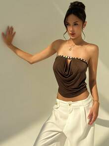 Aloruh 女款 Y2K 纽扣设计低胸短款吊带背心 - 咖啡棕 - 查看 6