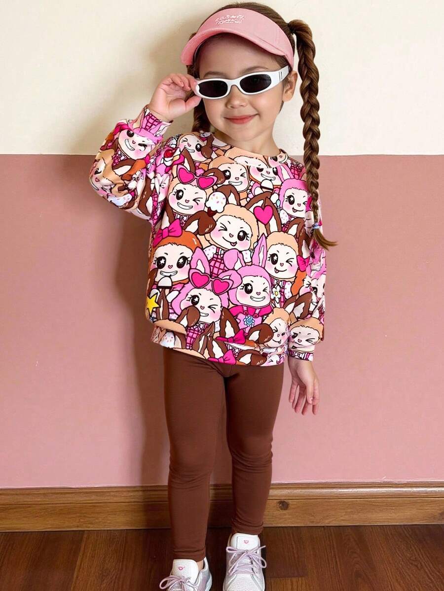 SHEIN Babygirl Cute Cartoon Pattern Thermal Lined Long Sleeve Sweatshirt And Pants Set, Autumn/Winter Fall - Coffee Brown - View 1