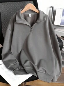 SHEIN Tween Girl Casual Basic Half-Zip High Neck Long Sleeve Sweatshirt - Grey - View 1