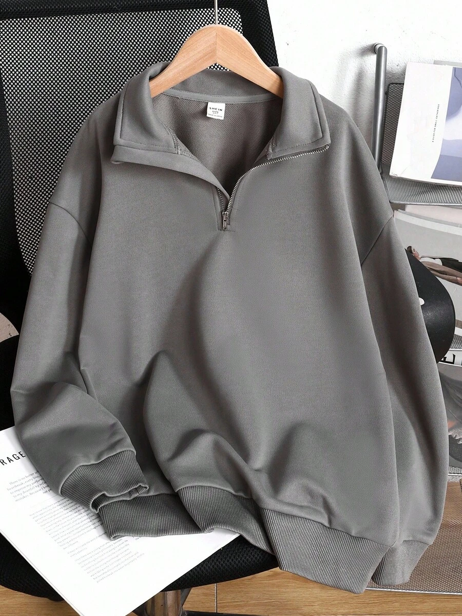 SHEIN Tween Girl Casual Basic Half-Zip High Neck Long Sleeve Sweatshirt - Grey - View 1