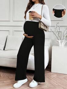 SHEIN Fall Clothes,Autumn Clothes,Maternity Autumn/Winter Clothes Maternity  Straight Leg, Wide Leg, Casual, Elegant, Maternity, Comfortable Pregnancy Pants Maternity Pants Maternity Clothes Pregnancy Clothes Flared Leggings For Women - Black - View 5