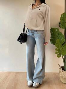 SHEIN EZwear Sweatshirt Berkerudung Rajut Abu-abu Wanita untuk Musim Gugur/Dingin - Khaki - View 4