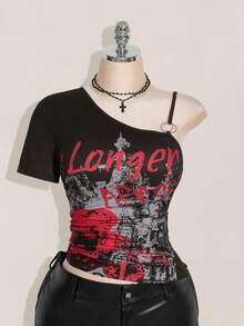 SHEIN ICON Plus Size Women Y2k Going Out Dragon Print Asymmetrical Neckline Short Sleeve Fashionable T-Shirt,Everyday Wear - Multicolor - View 4