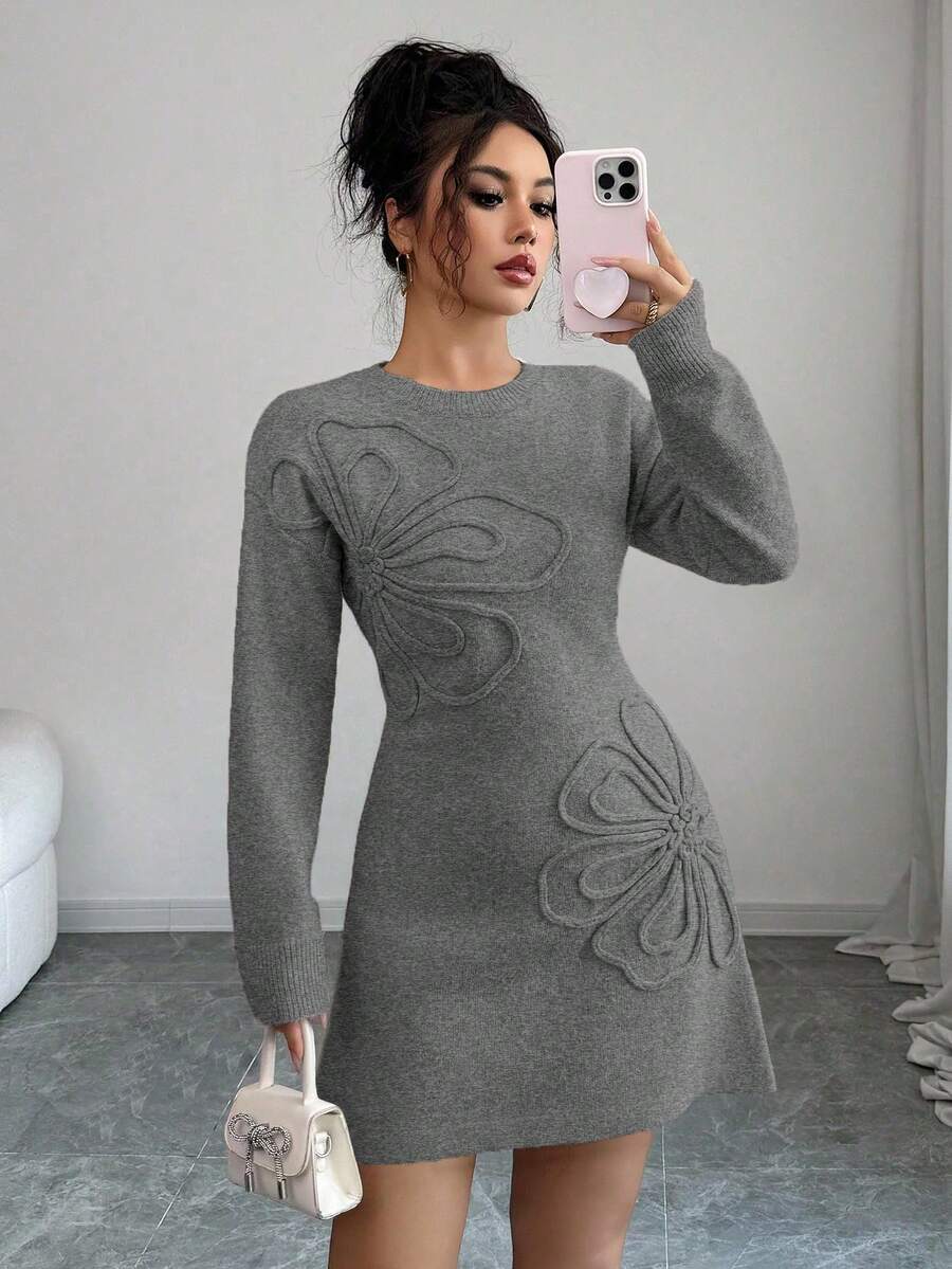 Elenzga Vestido de punto con flores 3D de unicolor elegante, otoño/invierno