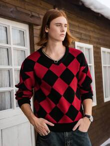 Manfinity Hypemode 男士休闲菱形图案V领长袖毛衣，秋冬 - 彩色 - 查看 7