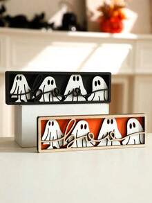1Pc Halloween Ghost Boo Wooden Table Sign – Cute Black And White Ghost Figurine, Rustic Halloween Desktop Decor, Spooky Tiered Tray Decoration For Home, Office, Party - Multicolor - View 7