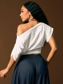 Vixey Top tricoté avec détail de drapé et de rassemblement à l'épaule en mélange de coton - Blanc - Voir 2