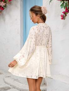 Vivid Eden Vestido de vacaciones con cuello en V, cintura ceñida y mangas farol para mujer, otoño - Albaricoque - Ver 3