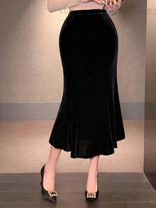 DAZY 女士休闲纯色A字裙，秋冬女装裙 - 黑色 - 查看 3