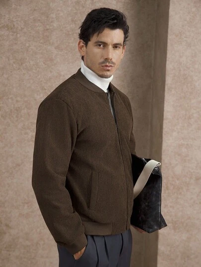 Core Aspect 男士纯色长袖拉链休闲棒球夹克，带保暖内衬，秋冬季，灯芯绒