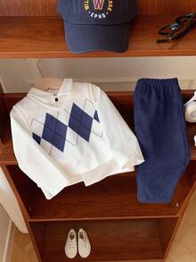 SHEIN 3pcs Baby Boy Casual Argyle Vest,White Shirt,Blue Pants Outfit,Blue And White Striped,Autumn,Casual,Matching Family,Back-To-School,Birthday,Wedding - Navy Blue - View 7