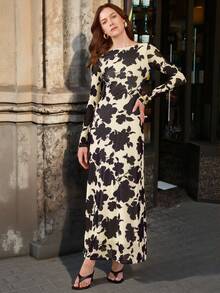 Hansera 女式花卉印花长袖双层优雅修身长裙，多色，春秋 - 彩色 - 查看 7