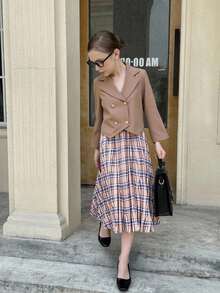 Bộ đồ 2 món MODELY Tween Girl: Áo khoác blazer tay ngắn hai hàng khuy kiểu Pháp và váy yếm kẻ caro, thích hợp mặc thường ngày, đi làm, đi nghỉ vào mùa xuân/thu - Nhiều màu - Xem 1