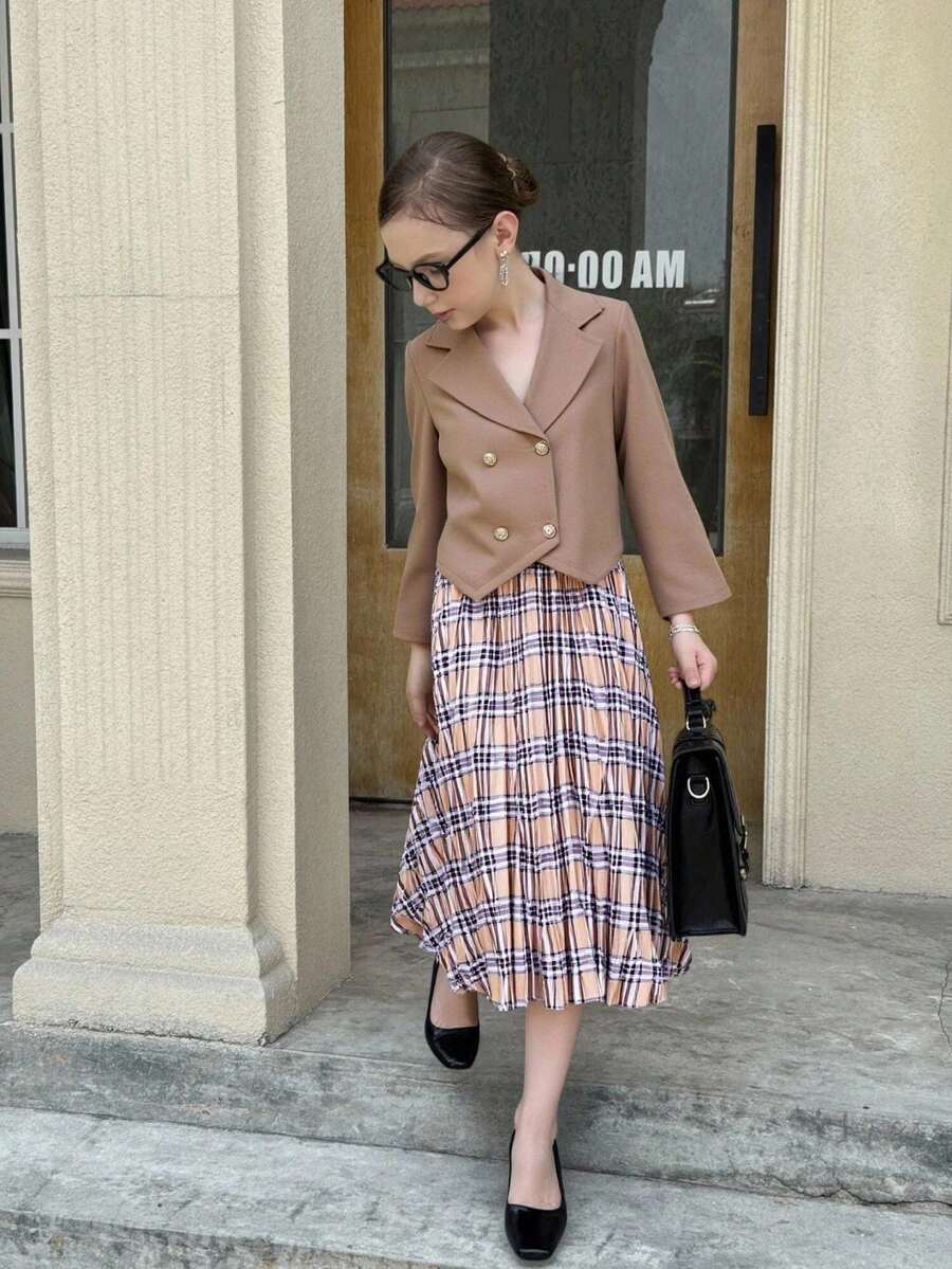 Bộ đồ 2 món MODELY Tween Girl: Áo khoác blazer tay ngắn hai hàng khuy kiểu Pháp và váy yếm kẻ caro, thích hợp mặc thường ngày, đi làm, đi nghỉ vào mùa xuân/thu - Nhiều màu - Xem 1